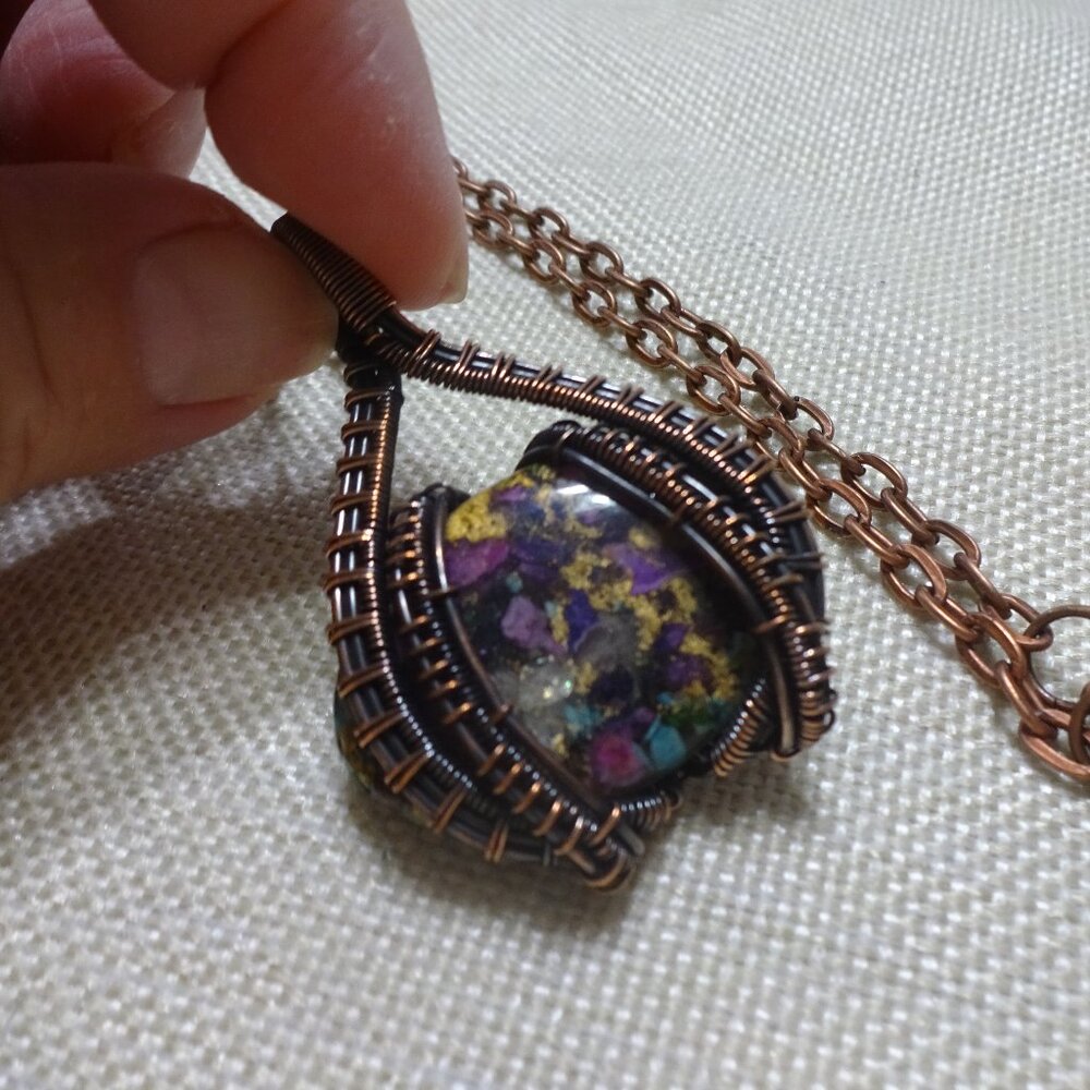 Rustic OYSTER TURQUOISE Handmade COPPER WIRE-WRAPPED Pendant/Chain #519C